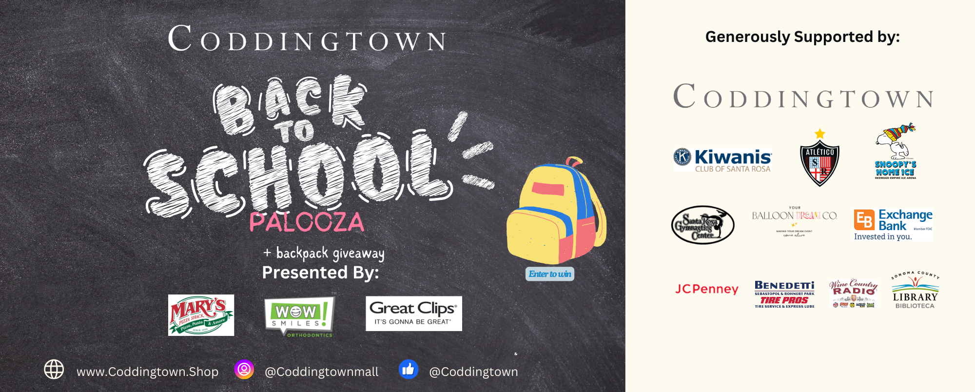July 27th, Coddingtown is hosting a Back-To-School Palooza! Music, free school supplies, free Adidas backpacks, AMAZING giveaways, face painting and more!! All while supplies last. 11am-2pm. Must be present at event to enter in giveaways.