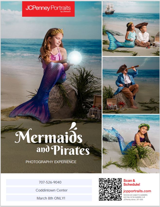 Mermaids and Pirates, a JCPenny photo experience! Visit JCPenney Portraits on March 8th for a one day only photo event!! Visit jcpportraits.com to schedule.