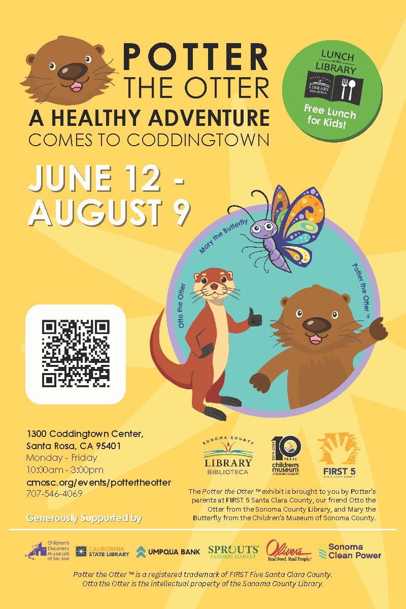 Potter The Otter, A Healthy Adventure comes to Coddingtown June 12 - August 9, 2024. Monday-Friday 10am-3pm. Free lunch for kids 12-12:30pm. See exhibit for more details.