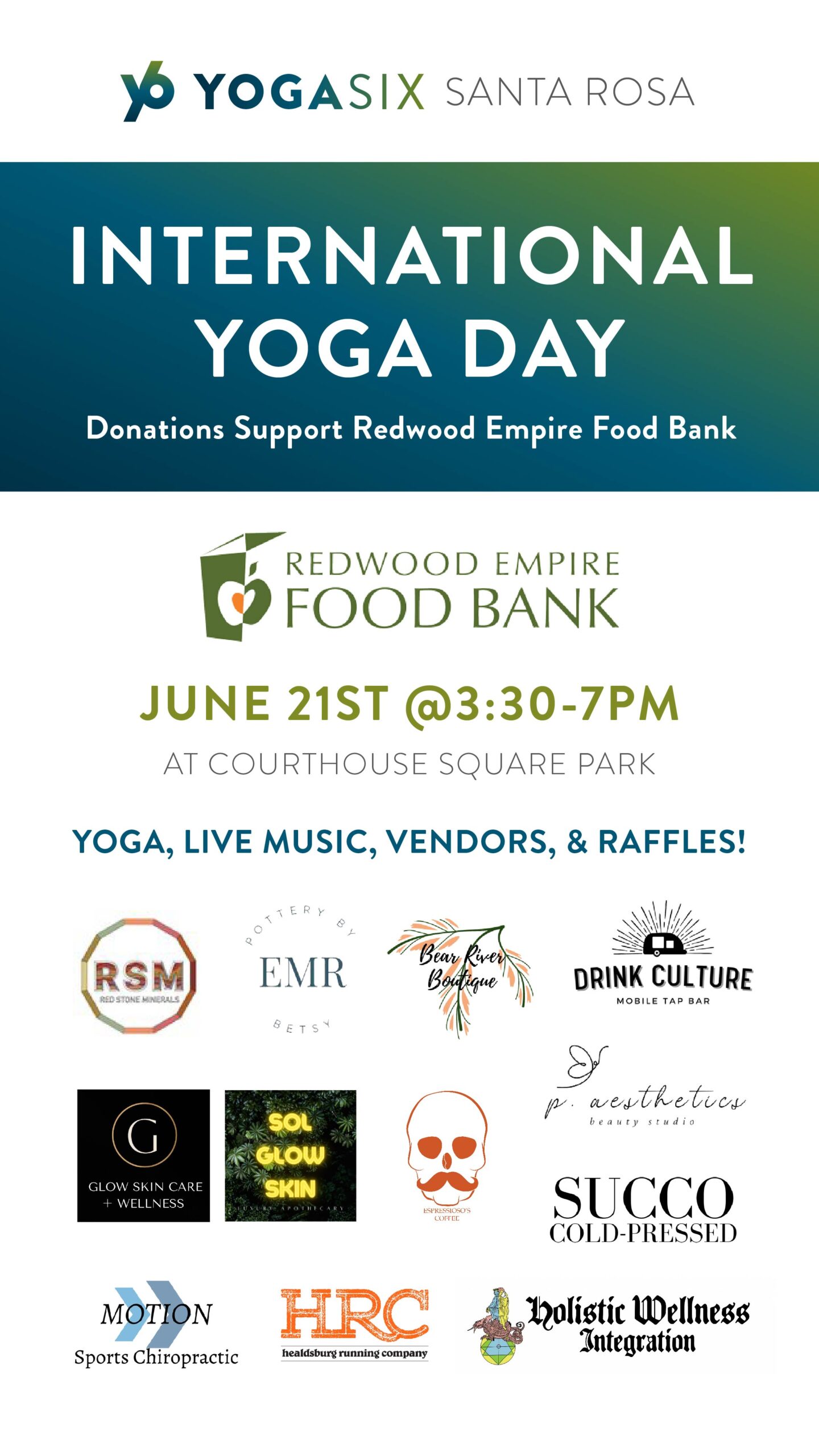 Join us for a fun celebration benefiting Redwood Empire Food Bank. Come celebrate with shopping, food, beverages 🎉 and an all levels yoga class🧘🏼‍♂️ with live music and over 15 amazing raffle prizes including 6 months of unlimited yoga ($1,076 value) from YogaSix Santa Rosa. Donating automatically enters you in the raffle! See Yoga Six Santa Rosa for more details.