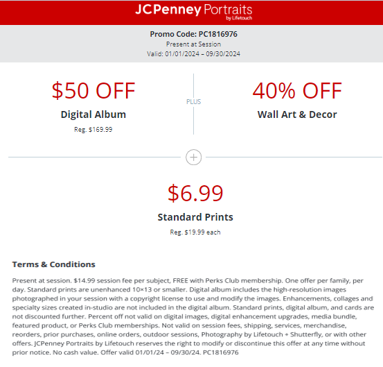 JCPenney Portraits promo code PC1816976. Present at session. Valid 1/1/24-9/30/24. See store for details.