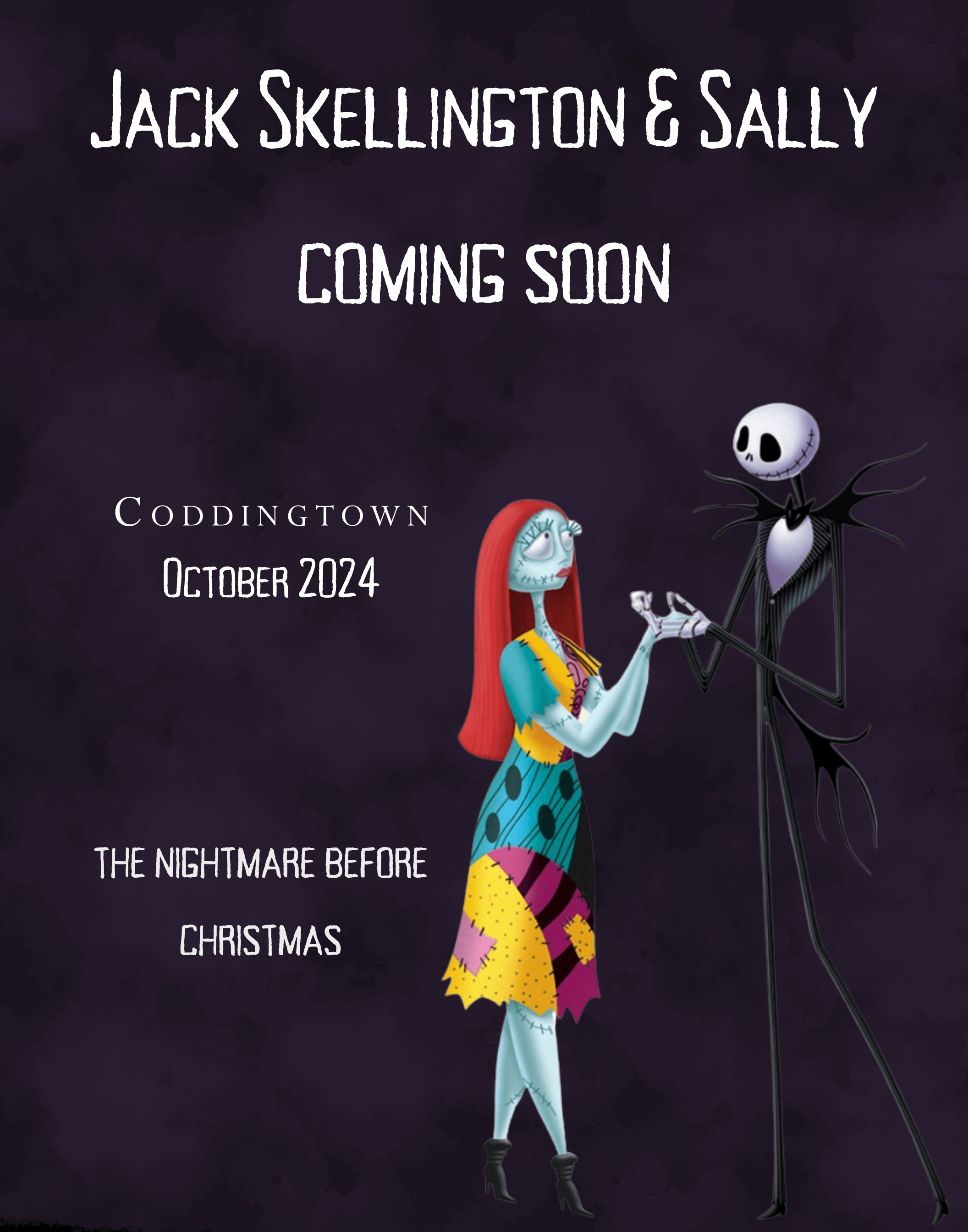 Jack Skellington & Sally Coming Soon to Coddingtown. October 2024. The Nightmare Before Christmas.