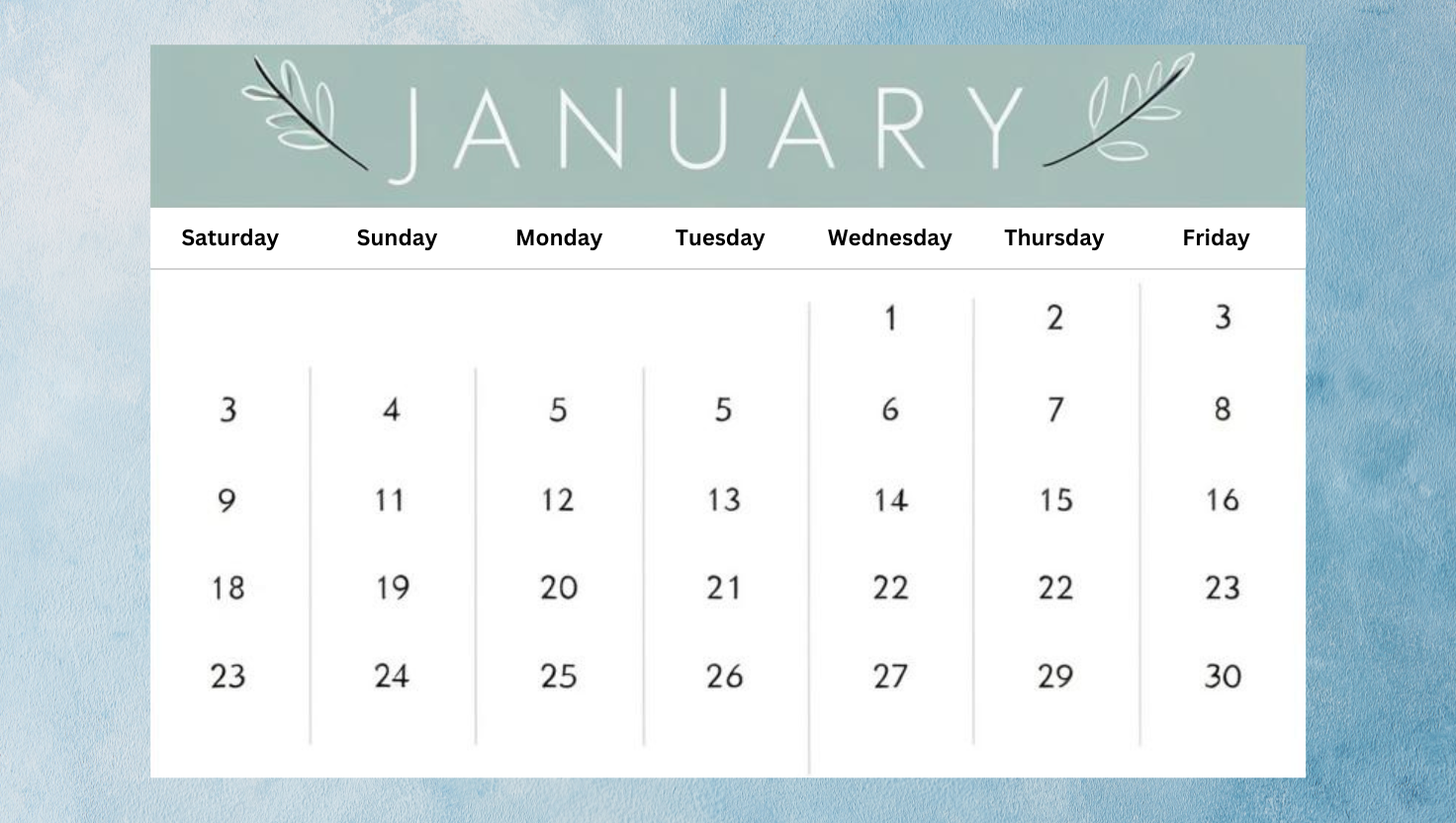 January calendar, see events page for more event details.