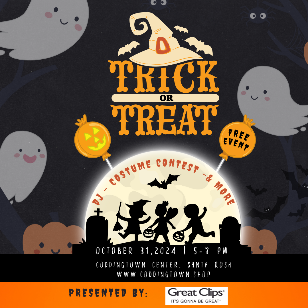 Trick-Or-Treat at Coddingtown. October 31st, 5-7pm 🎃 Presented by @greatclipscoddingtown 🦇Safe & well-lit environment 🦇Indoor event 🦇Games 🦇Music 🦇Crafts 🦇Haunted House 🦇& MORE!! Join us for a festive Halloween Event at Coddingtown Center, Santa Rosa CA! 👻🍬🎉